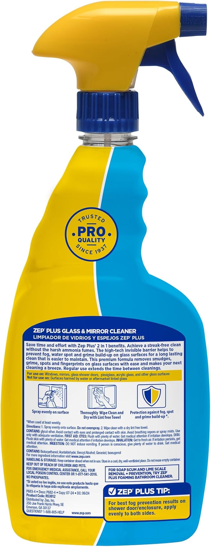 Zep Plus Glass &amp Mirror Cleaner - 32 Oz. (Case of 12) - R53812 - Keep Your Mirror and Glass Surfaces Clear + Streak-free While Also Preventing Mirror Fog…