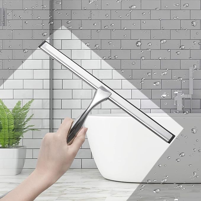 Simtive 12-Inch Shower Squeegee Set Includes Shower Door Hook and Adhesive Hook Squeegee for Shower Doors Mirror and Window Silver