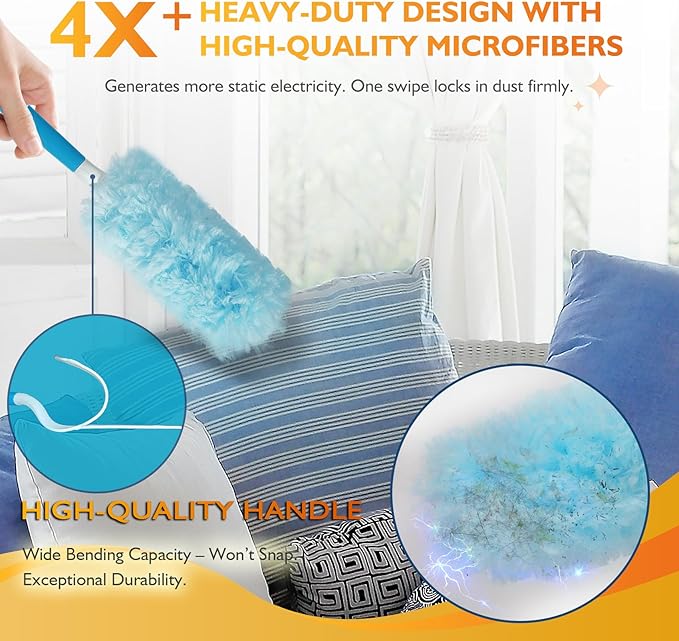 60PCS Fluffy 360° Heavy Duty Duster Refills fits Swiffer Duster 4X Dust Capture Power Unscented Disposable Electrostatic Dusters with 3ft Extended Handle for Furniture Electronics Blinds