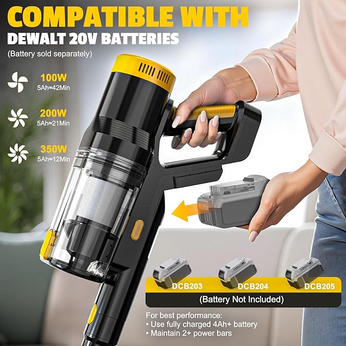 LIVOWALNY Cordless Vacuum Cleaner Compatible with DeWalt 20V Battery 350W Brushless 40kPa Suction 0.8L Dual Dust Cup LED Floor Brush &amp 180° Flex Wand for Hardwood &amp Carpet (Battery Not Incl