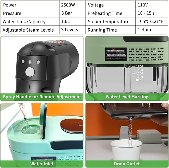Handheld Steam Cleaner for Home 2500W High Temperature Pressurized Machine 1.6L Water Tank Handle-Controlled Steam Output Portable Cleaning Steamer for Car Bed Bugs Furniture Grout (Green)
