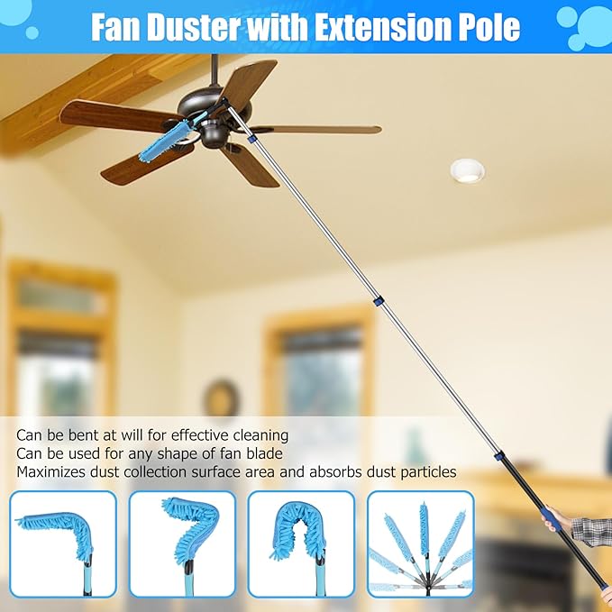 20 Foot High Reach Ceiling Duster Kit 3.6-12ft Extendable Pole with Cobweb DusterCeiling Fan DusterWindow Squeegee and Scrubber Microfiber Feather for Easy Cleaning Indoor &amp Outdoor
