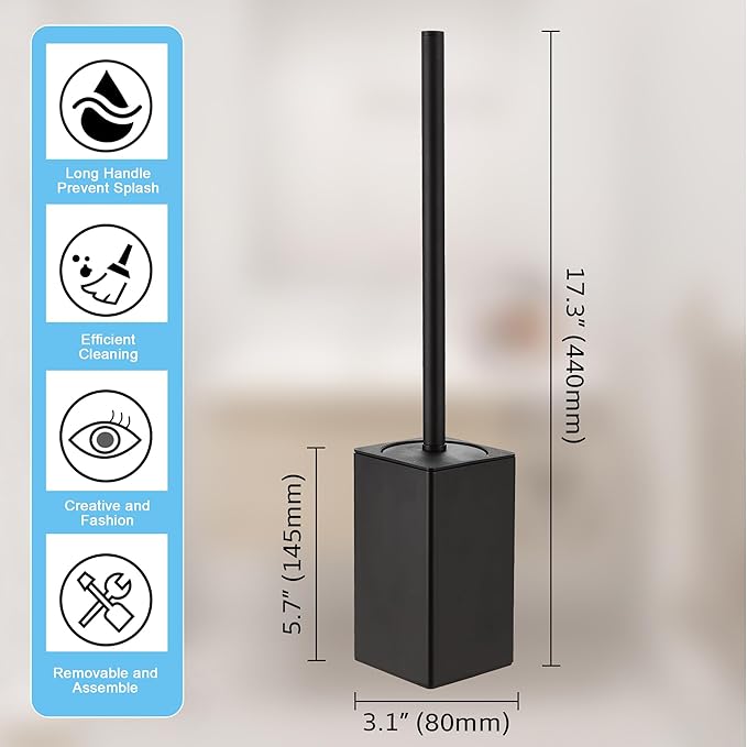 Toilet Brush and Holder Black for Bathroom Storage and OrganizationSquare Deep Cleaning Black Toilet Brush for Bathroom