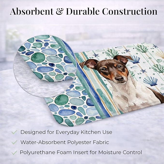 Caroline's Treasures Chocolate and White Rat Terrier Coastal Sea Glass Dish Drying Mat Absorbent Dish Drying Mat Pad for Kitchen Counter Dish Drainer Mat for Countertop 14 x 21 Multicolor
