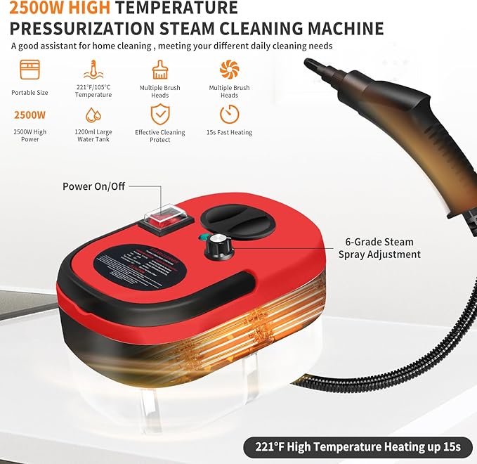 Steam Cleaner 6-gears Adjustable 15s Heat-Up 1.29 Quarts Tank Portable Steamer for Cleaning with 26 pcs Accessories Steam Cleaner for HomeDirt Grease Grout TileFloorCouch and Car
