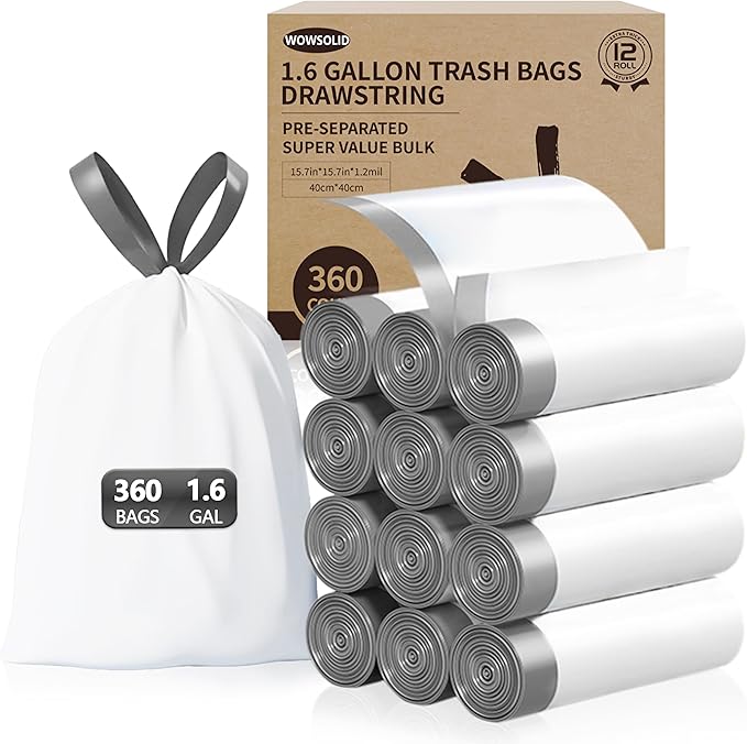 360 Count 1.6 Gallon Mini Drawstring Trash Bags 1.2 Mil Thick Small Garbage Bags by WOWSOLID Fit Liners 4.5-8 Liter 1.2-2 Gal Trash Can Bin for Bathroom Kitchen Bedroom Office
