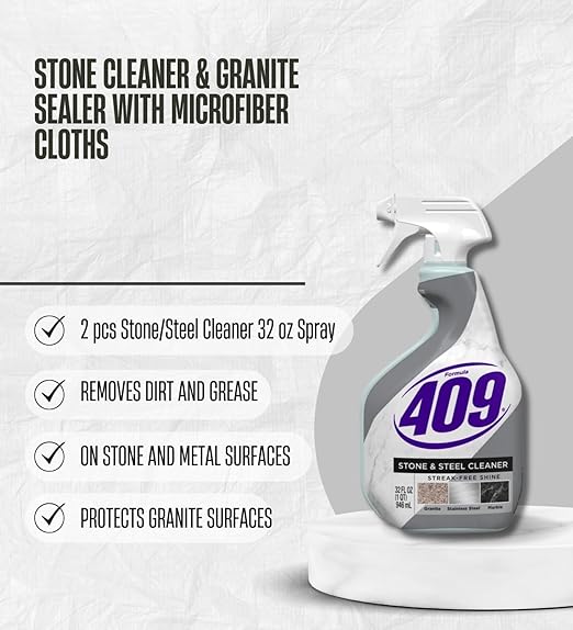 2x Formula 409 Multi-Surface Cleaner 32 oz Spray + 3x Granite Sealer Bundle with Microfiber Towel – Cleans Seals &amp Protects Stone and Steel Surfaces – Gift Set (6 Items)