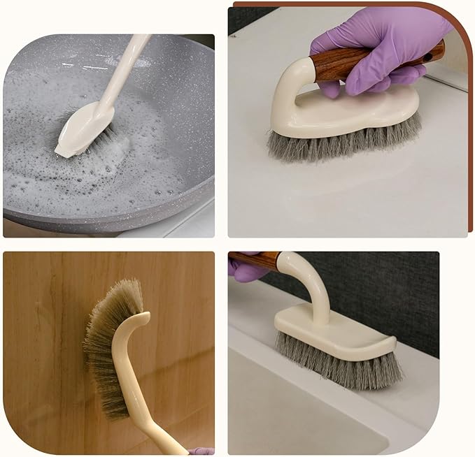 4-Pack Heavy Duty Scrub Brushes Set with Wooden Handles Triangle &amp Square Floor Scrubber Dish Brush Grout Cleaner for Kitchen Bathroom Tile Carpet &amp Stubborn Stains Removal