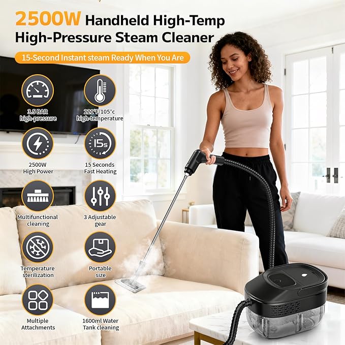 Pressurized Steam Cleaner 54oz Large Tank Portable Steamer for Cleaning with 15-Piece Kit 15s Fast Heat-Up 3-Level Control Handheld Steam Cleaner for Home Car Kitchen Tile Grout(black)