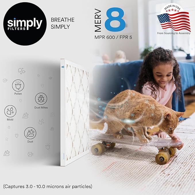 Simply 20x25x2 Air Filter MERV 8 6 Pack Furnace Air Filter for HVAC (Actual Size: 19.5x24.5x1.75) DUST Pet &amp Allergy Control