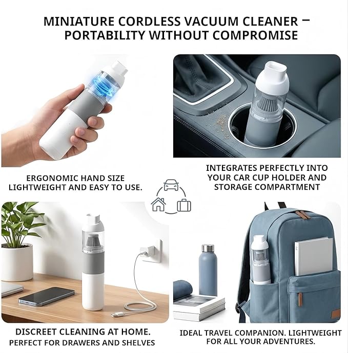 Wireless Car Vacuum Cleaner Portable Mini Vacuum 12000Pa Powerful Suction Dual Suction Modes Type-C Charging Handheld Vacuum Suitable for Cars Keyboards Office Desks Keyboards Pet Hair