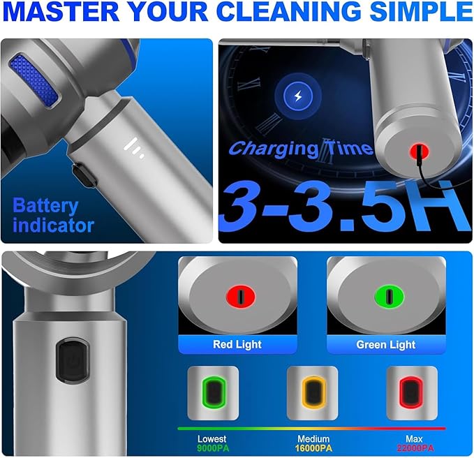 Handheld Car Vacuum Cordless 22000PA Strong Suction Mini Vacuum Cleaner with Brushless Motor 4-in-1 Portable Vacuum for Car Detailing Home Office &amp Travel Silver Blue