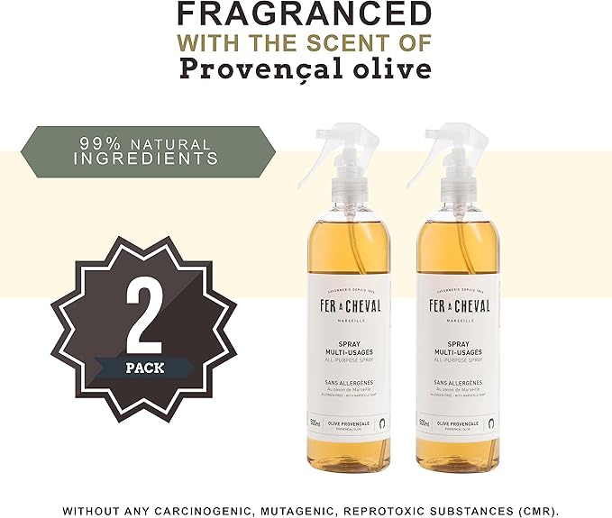 Fer à Cheval Versatile Marseille All-Purpose Spray Cleaner - Natural Provençal Olive Scent Allergen-Free 99% Natural Ingredients 500 ml/16.9 fl oz (2-Pack)