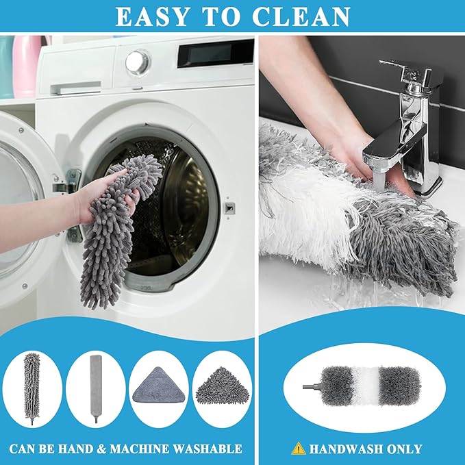 Microfiber Duster Kit 27pcs with 30 to 100 Inches Extension Pole and Wall Cleaner Mop Washable and Bendable Feather Duster for Cleaning Ceiling Fans High Ceilings Cobwebs Blinds Grey