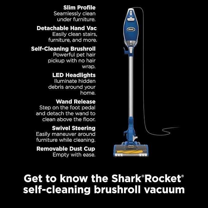Shark HV343AMZ Rocket Corded Stick Vacuum with Self-Cleaning Brushroll Lightweight &amp Maneuverable Perfect for Pet Hair Pickup Converts to a Hand Vacuum Crevice Upholstery Tools Blue/Silver