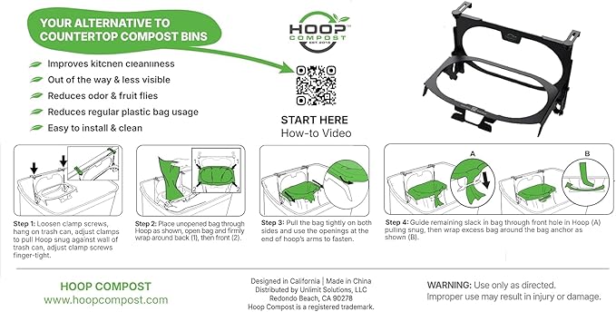 Hoop Metal Compost Bag Holder + 25 Compostable Bags 3 Gallon Clips to Kitchen Trash Can Kitchen Cabinet Door Replaces Countertop Compost Bin Hanging Trash Can.