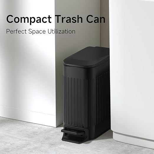 TIPGO Slim Bathroom Trash Can with Lid Soft Close Step Pedal 6 Liter / 1.6 Gallon Stainless Steel Trash Bin Small Garbage Cans for Bedroom Office Kitchen (Black)