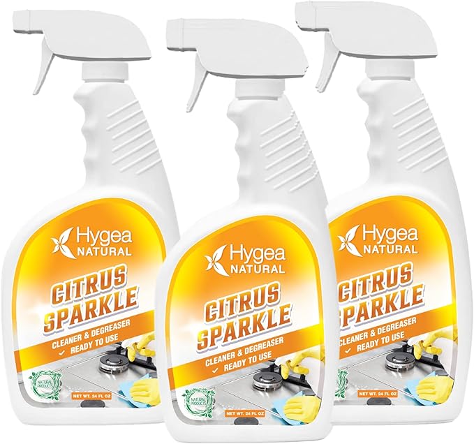 Hygea Natural Citrus Sparkle Chemical-Free Heavy Duty Degreaser &amp All Purpose Cleaner - Pure Citrus Extracts &amp Natural D-limonene - Removes Grease Dirt &amp Grime (3 Pack of 24 Ounce Spray)