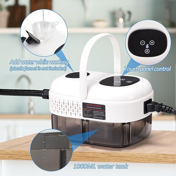 Spurgehom Handheld Steam Cleaner 15s Heat-Up 1L Tank Portable Steam Cleaner 2500W High Temperature Multipurpose Steamer for Cleaning 6 Gears Adjustable Handheld Steamer for Home White