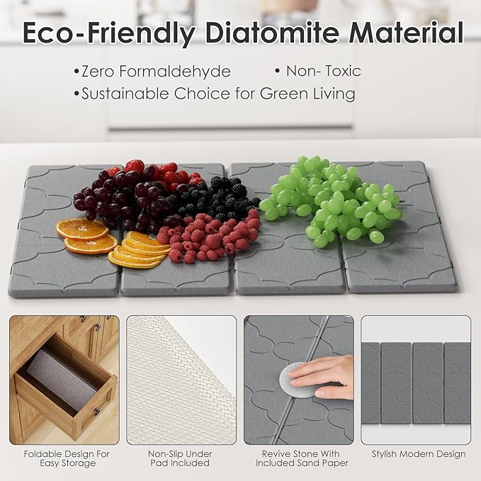 3 PCS Large Stone Dish Drying Mat for Kitchen Counter -24x16 Absorbent Diatomaceous Earth Mat with Stone Faucet Mat &amp Soap Tray - Quick Dry Collapsible Non-Slip Countertop Organizer