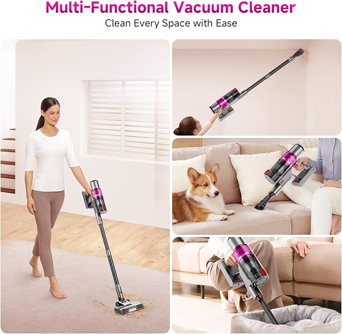 Cordless Vacuum Cleaner: Portable 6-in-1 Stick Vacuum with Anti-Tangle Brush LED Headlight Self-Standing HD Display Rechargeable Vacuum for Pet Hair Low-Pile Carpet and Hardwood Floor-Purple
