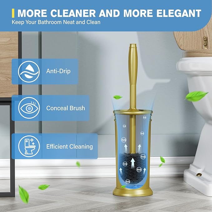 UPTRONIC Toilet Brush Aluminum Alloy Toilet Brush and Holder Set with Long Handle Durable Bristles Toilet Bowl Brush and Covered Holder for Toilet Scrubber for Bathroom Cleaning (2 Gold)
