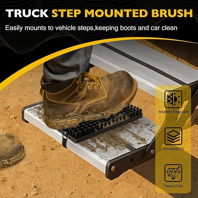Truck Step Mounted Brush – Heavy Duty Boot Brush Cleaner for Trucks RVs SUVs &amp Semis – Fast Mud Removal with No-Tool Install – Built for Outdoor Work and Off-Road Demands