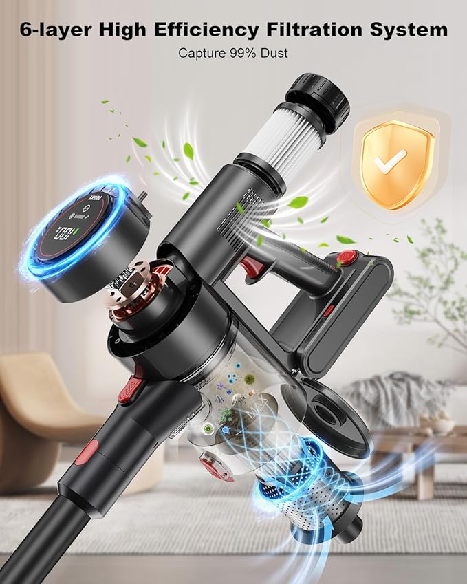 Cordless Vacuum Cleaner Stick Vacuum Rechargeable 550W 45KPA Powerful Suction Lightweight Vacuum Cleaners for Home Anti-Tangle Self Standing for Pet Hair Hardwood Floor Carpet - Black