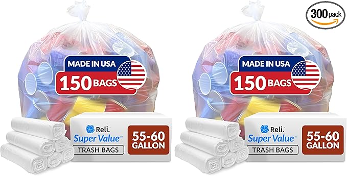 Reli. Easy Grab Trash Bags 55-60 Gallon (150 Count) (Clear) - Star Seal Super High Density Rolls - Heavy Duty Can Liners Garbage Bags Bulk Bags - 50 55 60 Gallon Capacity (Pack of 2)