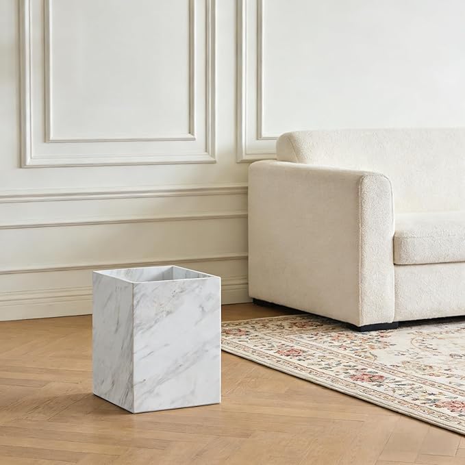 Modern Square White Marble Waste Basket Natural Stone Bathroom Trash Can Decorative Home Garbage Container Beautiful Marble Look Rubbish Bin for Bathroom Bedroom Kitchen Home Office