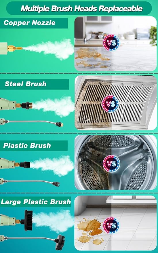 Steam Cleaner 2500W High Pressure Handheld Steamer 6-gears adjustable Portable Steam Cleaning Machine with 6 Brushes Cleaning for Home Use Kitchen BathroomHard SurfaceCar Detailing (Green)