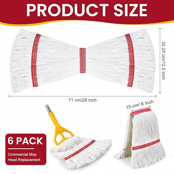 Eccliy 6 Pack Heavy Loop End Cotton String Mop Head Heavy Duty Mop Head Commercial Refills Replacement Bulk for Home Industrial Commercial Floor Cleaning (WhiteRed)