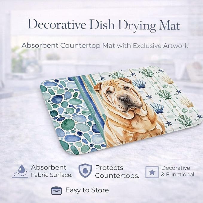 Caroline's Treasures Red Shar Pei Coastal Sea Glass Dish Drying Mat Absorbent Dish Drying Mat Pad for Kitchen Counter Dish Drainer Mat for Countertop 14 x 21 Multicolor