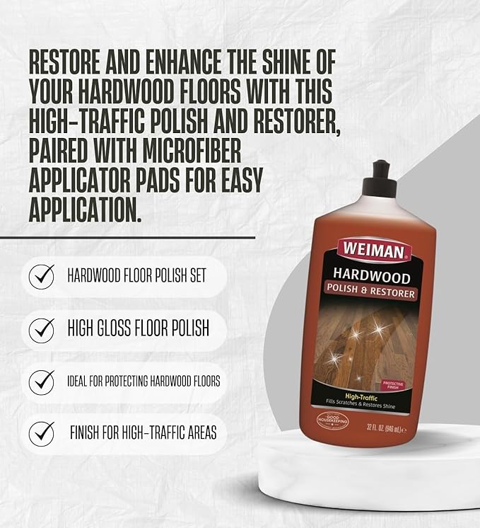 3x Weiman High Traffic High Gloss Hardwood Floor Polish &amp Restorer Liquid 32 oz Bundle with Microfiber Applicator Pads – Wood Floor Cleaner and Polish for Scratch Repair and Shine – Gift Set (4 It
