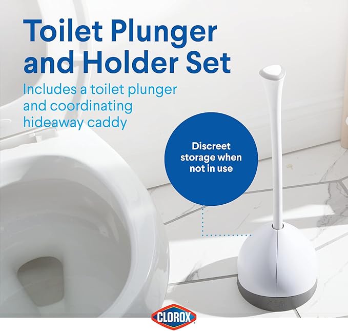 Clorox Toilet Plunger with Hideaway Caddy Set of 2 – for Bathroom Organization and Storage Bathroom Accessories Toilet Unclogger with Holder White