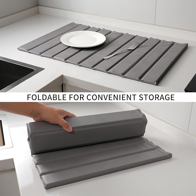Stone Dish Drying Mat with PU Leather Surface for Kitchen Counter Water-Absorbent Collapsible Roll up Quick Dry Non-Slip for Cups Dishes BottlesRemovable and washable(Medium Gray 23.6”x15.4”)