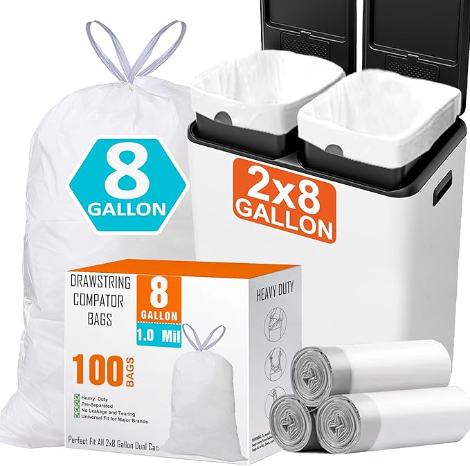 8 Gallon Trash bags for Dual Compartment Can (2 x 8 Gallon) 100 Count 1.0 Mil Thickness Drawstring Kitchen Garbage Liner Pre-Separated Compatible with Liner Code 30A All 16 Gallon Dual Can