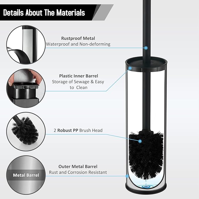 BGL Stainless Steel Toilet Brush with Holder 2 Black Bristle Heads