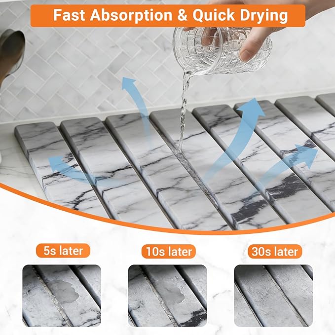 Dish Drying Mats Large 24x16 Inch Diatomaceous Earth Drying Mat / Fast-AbsorbingNon-Slip Stone Drying Mat For Kitchen Counter / Eco-Friendly for Dishes (Gray Marble)