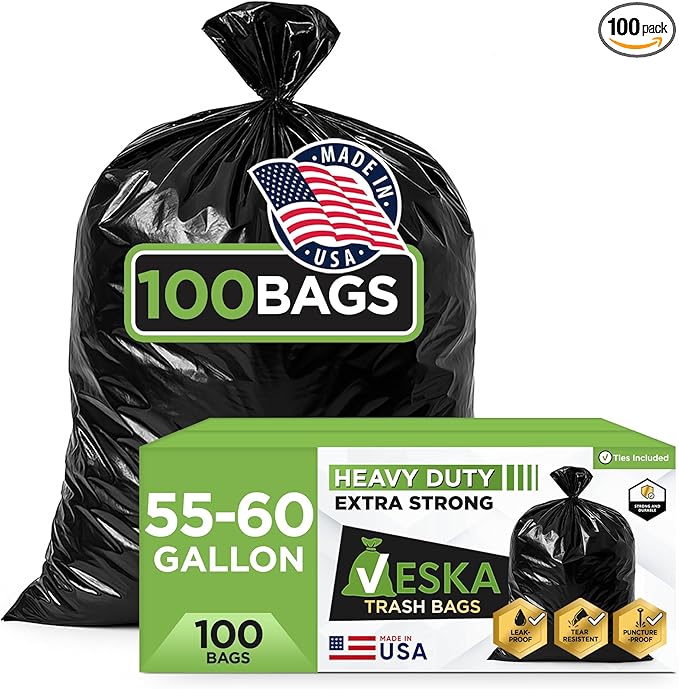 Veska 55-60 Gallon Trash Bags Heavy Duty (MegaValue 100 Bags w/Ties) 50-60 Gallon Large Black Garbage Bags Heavy Duty | Large Black Trash Bags for Commercial Lawn and Leaf Bag