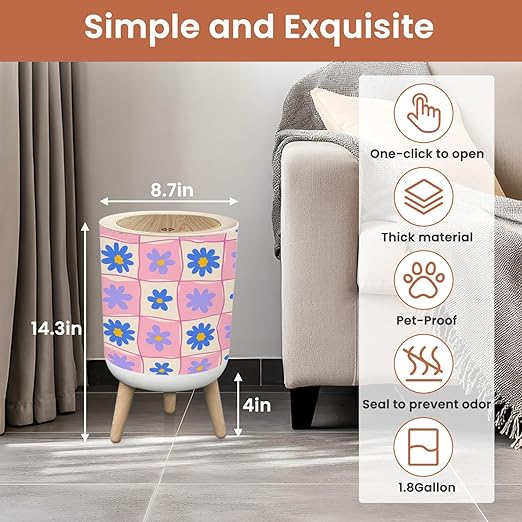 Bathroom Trash Can with Lid Retro Checkered Seamless Hand Drawn Daisy Flowers Wavy Lines Pink Blue Garbage Bin Waste Basket for Kitchen Office Bedroom Decoration Diaper Pail 1.8 Gallon