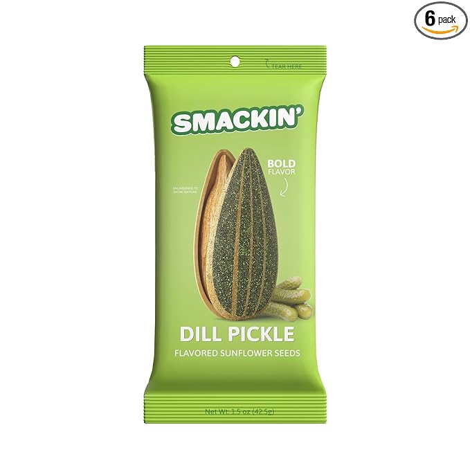 SMACKIN' Sunflower Seeds Roasted Jumbo Small-Batch American Made - Dill Pickle. 1.5oz bags (6 Pack)
