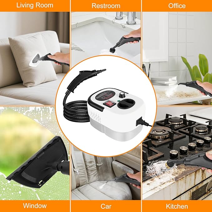 Handheld Steam Cleaner 2500W Portable Steamer with 6.56FT Long Hose 6-Level Adjustable 15s Heat-Up 1.2L Large Tank Multi-Purpose Steamer for Home Car Bathroom Grease (White)