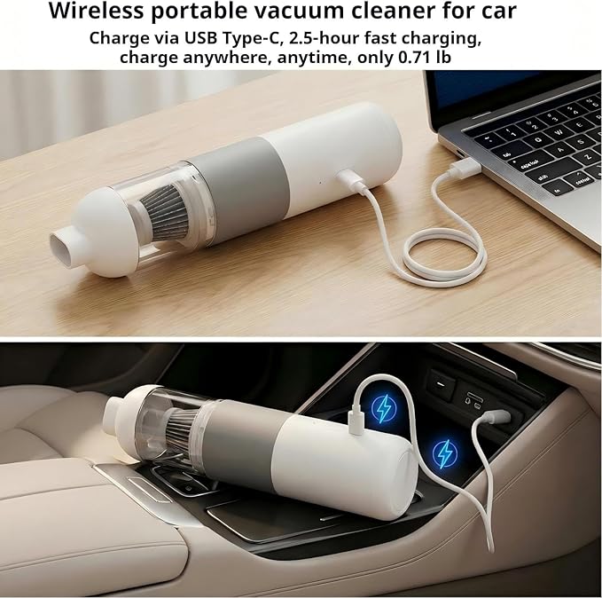 Wireless Car Vacuum Cleaner Portable Mini Vacuum 12000Pa Powerful Suction Dual Suction Modes Type-C Charging Handheld Vacuum Suitable for Cars Keyboards Office Desks Keyboards Pet Hair