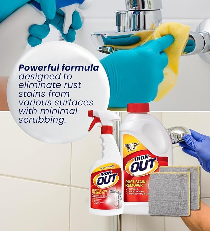 Iron Out Rust Remover Spray 16 oz + 28 oz Powder Bundle with Microfiber Cloth - Rust Stain Remover - Hard Water Toilet Stain Cleaner - Dissolves Rust on Tubs Sinks and Showers - (4 Items)