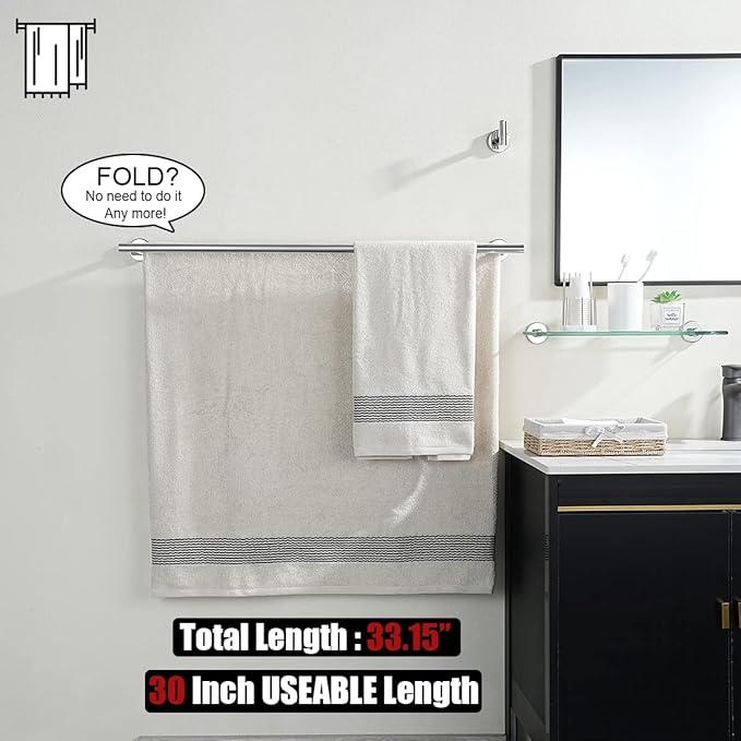 JQK Double Bath Towel Bar 33 Inch 304 Stainless Steel Thicken 0.8mm Towel Rack for Bathroom Towel Holder Polished Chrome Wall Mount Useable Length 30 Inch TB100L30-CH
