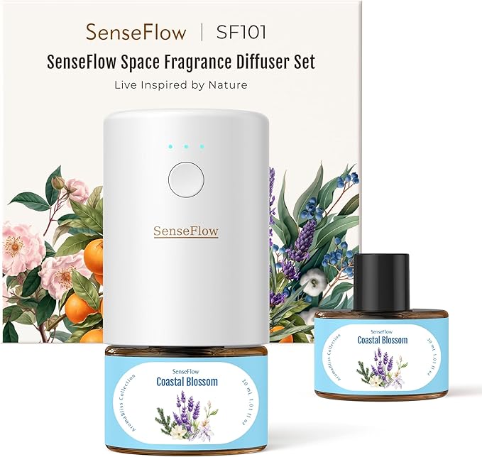 SF101 Pro Plug In Air Freshener Waterless Essential Oil Diffuser Non-Toxic Aroma Diffuser Adjustable 120-Day Natural Scent Mist Covers 1000 Sq Ft- Free 30ml Coastal Blossom