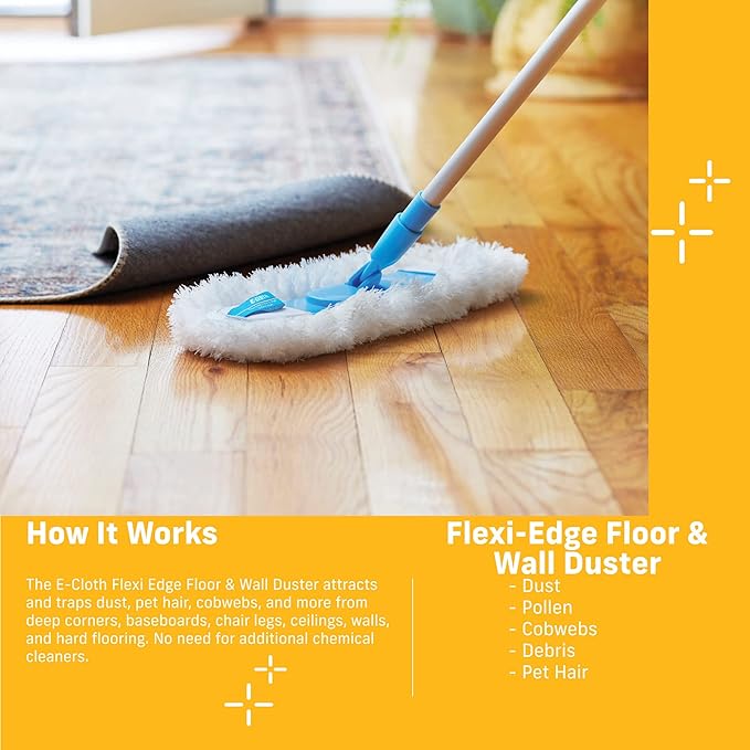 E-Cloth Flexi-Edge Floor &amp Wall Duster Reusable Dusting Mop for Floor Cleaning Floor Cleaner Ideal for Harword Tile Laminate and Other Hard Surfaces 100 Wash Guarantee 1 Pack