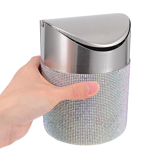 TOYANDONA Mini Trash Can with Flip Lid Stainless Steel Round Desktop Wastebasket with Colorful Rhinestones Compact Garbage Bin for Bedroom Office Small Spaces