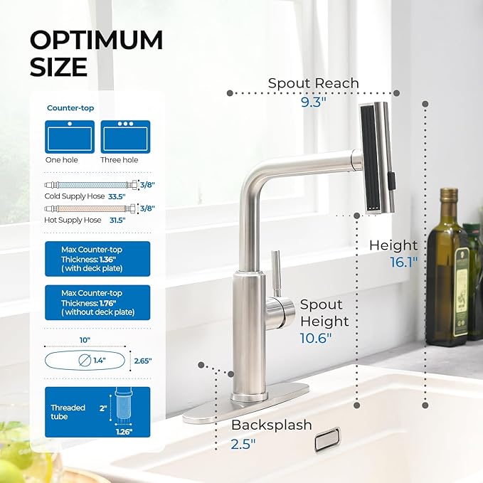 WEWE Waterfall Kitchen Faucet with Pull Down Sprayer 3 Modes(Sweep/Stream/Waterfall) Rotary Switch Mode Stainless Steel Kitchen Sink Faucet Single Lever Handle Brushed Nickel Sink Fuacet